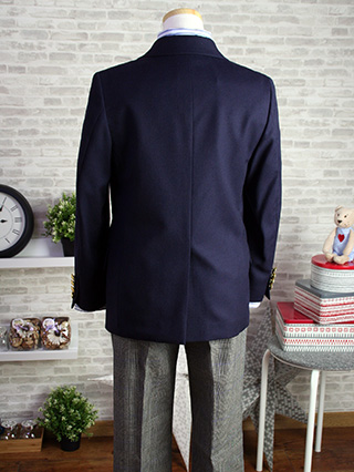 ラルフローレン 黄色と紺のレジメンタル柄ネクタイの紺ブレザースーツ 
